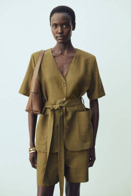 H&M - Women Green Short-Sleeved Linen-Blend Blazer With Belt