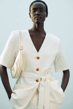 H&M - Women White Short-Sleeved Linen-Blend Blazer With Belt