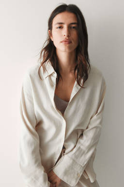H&M - Women Beige Oversized Linen-Blend Shirt