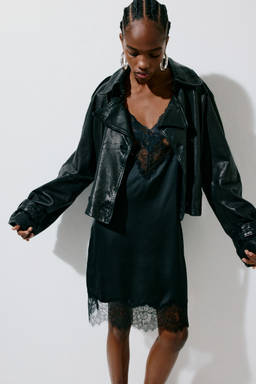 H&M - Women Black Lace-Trimmed Satin Dress