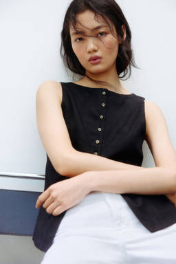 H&M - Women Black Linen-blend waistcoat