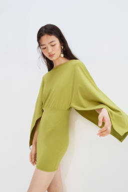 H&M - Women Green Cape-Sleeved Fine-Knit Dress