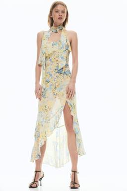 H&M - Women Yellow Flounced chiffon dress with attached scarf