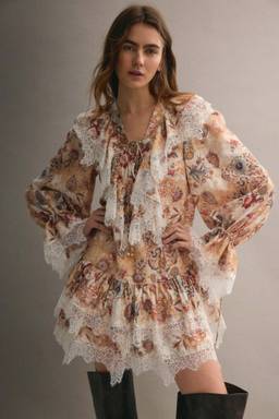 H&M - Women Beige Lace-Trimmed Dress