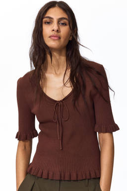 H&M - Women Brown Frill-Trimmed Rib-Knit Top