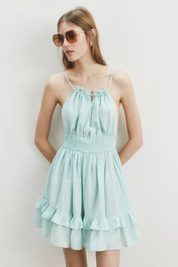 H&M - Women Turquoise Flared-Skirt Linen-Blend Dress