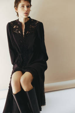 H&M - Women Brown Lace-Detail Cotton Dress