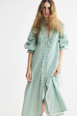 H&M - Women Turquoise Lace-Detail Cotton Dress