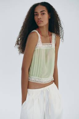H&M - Women Green Bubble-Hem Tie-Strap Top