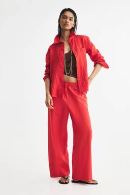 H&M - Women Red Linen-Blend Drawstring Trousers