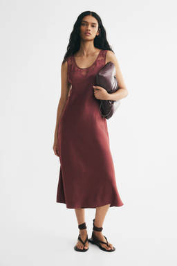 H&M - Women Red Lace-Inset Satin Dress