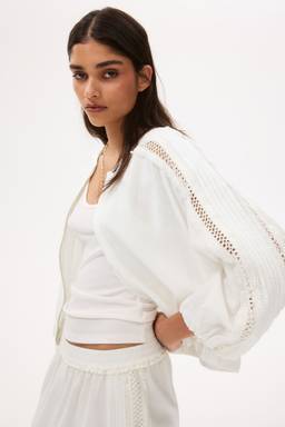 H&M - Women White Linen-blend lace-inset bomber jacket