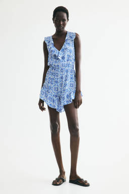 H&M - Women Blue Flounced Viscose-Blend Playsuit