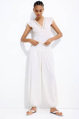 H&M - Women White Crinkled Balloon Trousers