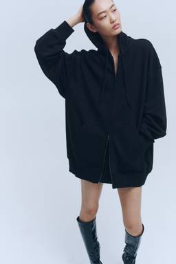 H&M - Women Black Oversized Zip-Through Hooded Jacket