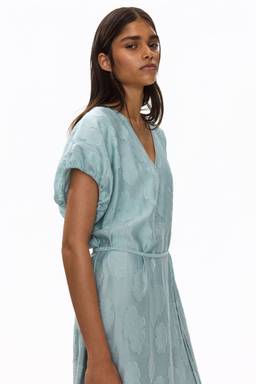 H&M - Women Turquoise Tie-Belt Jacquard-Weave Dress