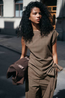 H&M - Women Brown Tie-detail boat-neck top