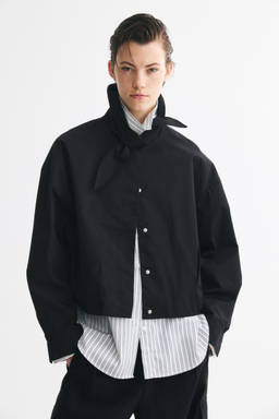 H&M - Women Black Scarf-Collar Bubble-Hem Jacket