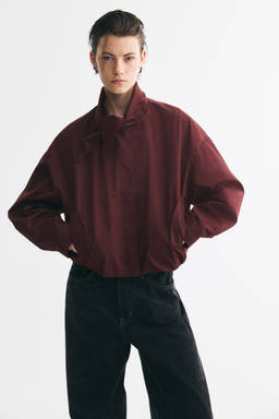 H&M - Women Brown Scarf-Collar Bubble-Hem Jacket