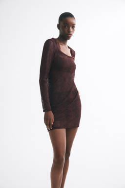 H&M - Women Brown Square-Neck Lace Dress