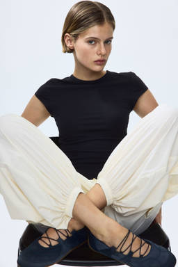 H&M - Women Black Cap-Sleeved Cotton T-Shirt