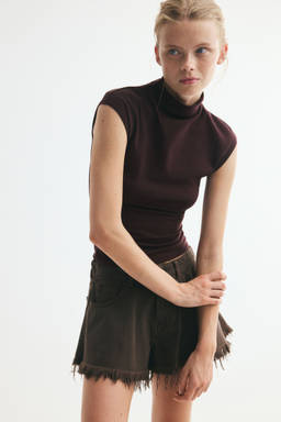 H&M - Women Brown Stand-collar cotton-blend top