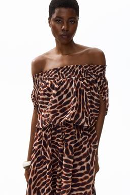 H&M - Women Brown Off-The-Shoulder Chiffon Dress