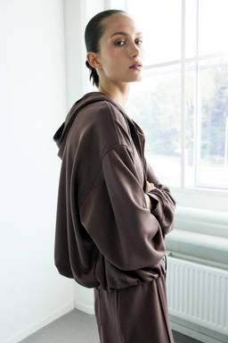 H&M - Women Brown Viscose-Blend Zip-Through Hooded Jacket