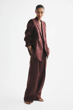 H&M - Women Brown Double-Breasted Linen Blazer