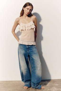 H&M - Women Beige Flounced Pointelle-Knit Top