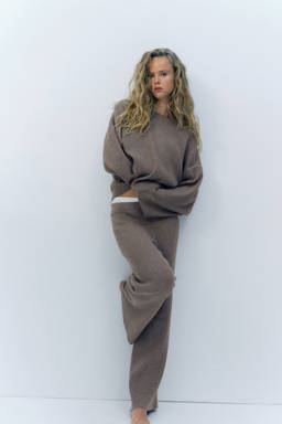H&M - Women Beige Wide Rib-Knit Trousers