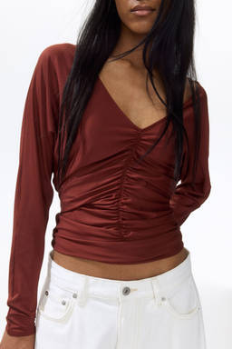 H&M - Women Brown Ruched Batwing-Sleeved Top