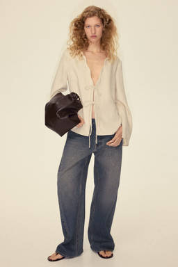 H&M - Women Beige Linen-Blend Tie-Front Jacket