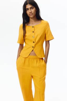 H&M - Women Yellow Short-sleeved linen-blend Top