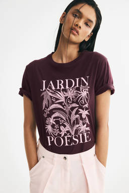 H&M - Women Maroon Print-motif cotton T-shirt
