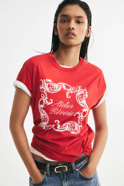 H&M - Women Red Print-motif cotton T-shirt
