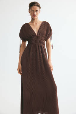 H&M - Women Brown Crinkled Drawstring-Detail Dress
