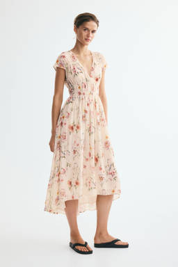 H&M - Women Beige Ruched Cap-Sleeved Dress