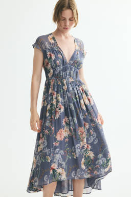 H&M - Women Blue Ruched Cap-Sleeved Dress