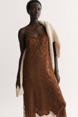 H&M - Women Brown Lace-Trimmed Brocade Dress