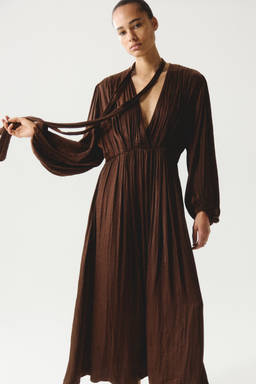 H&M - Women Brown Scarf-collar satin dress