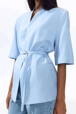 H&M - Women Blue Short-Sleeved Linen-Blend Blazer