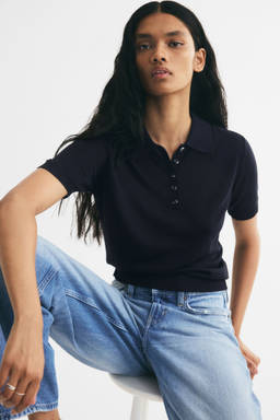 H&M - Women Navy Blue Knitted Polo T-Shirt