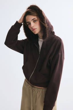 H&M - Women Brown Fluffy-Trim Zip-Through Hooded Jacket