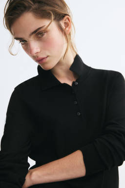 H&M - Women Black Fine-Knit Polo T-Shirt