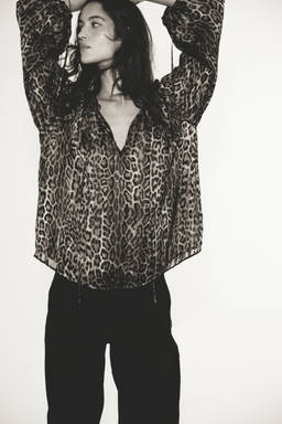 H&M - Women Brown Balloon-sleeved tie-detail blouse