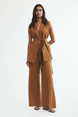 H&M - Women Brown Flared Linen-Blend Trousers
