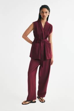 H&M - Women Red Belted linen-blend waistcoat