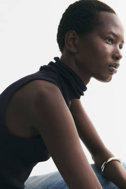 H&M - Women Navy Blue Fine-Knit Sleeveless Polo-Neck Top
