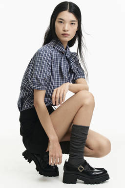 H&M - Women Navy Blue Puff-Sleeved Scarf-Collar Blouse
